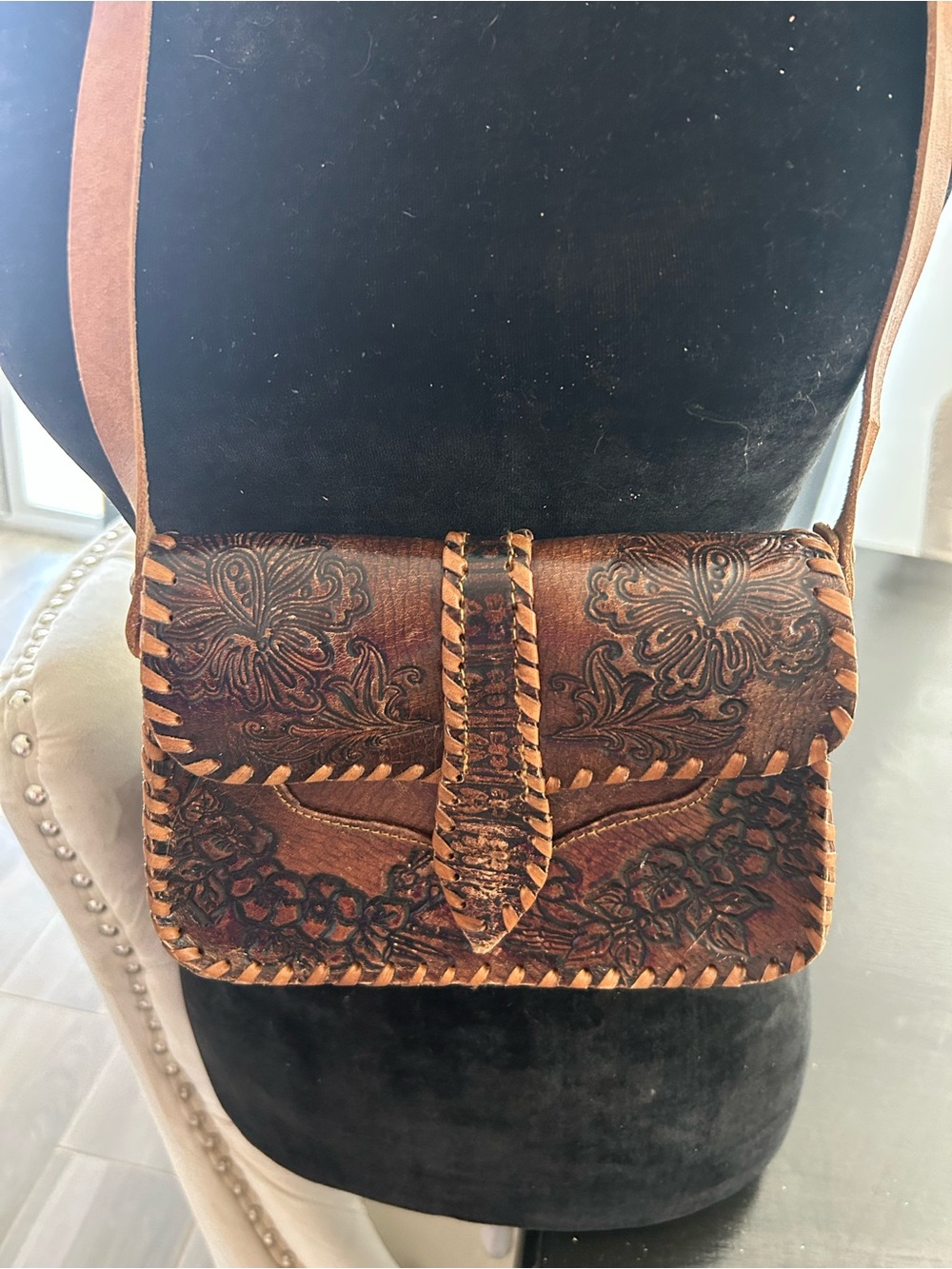Handcrafted Tooled Leather Crossbody Bag - Brown